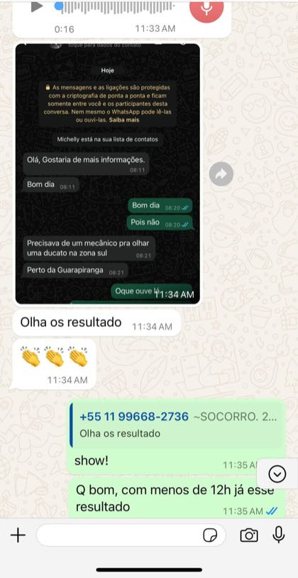 Depoimento de cliente no WhatsApp